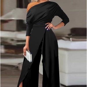 Ruched skew neck split hem wide leg jumpsuit